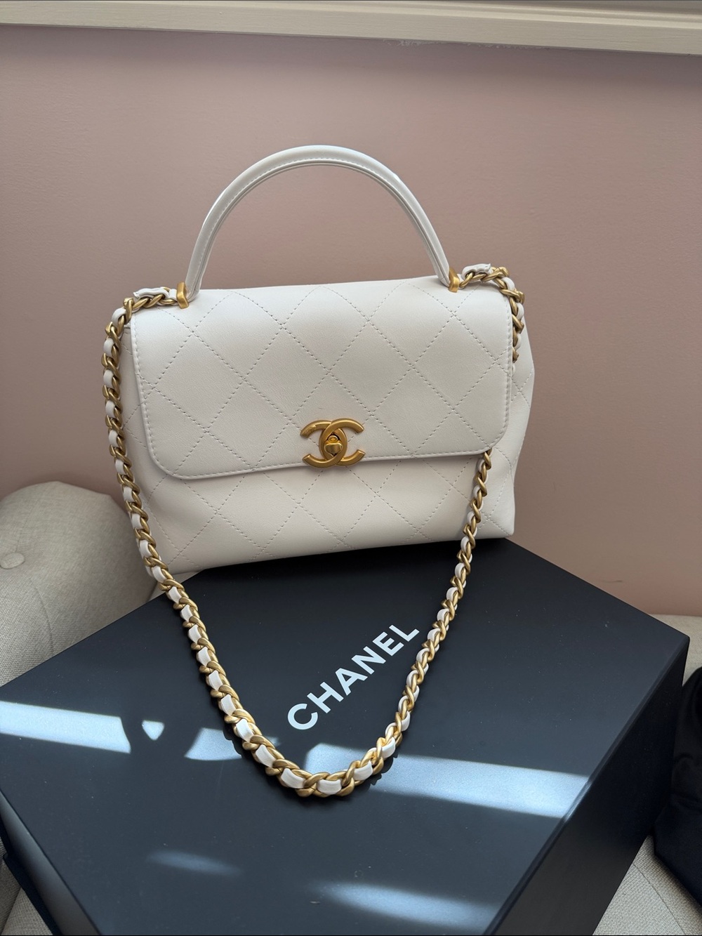 CHANEL Gold and White Large Flap Bag Top Handle - Brand New In Box